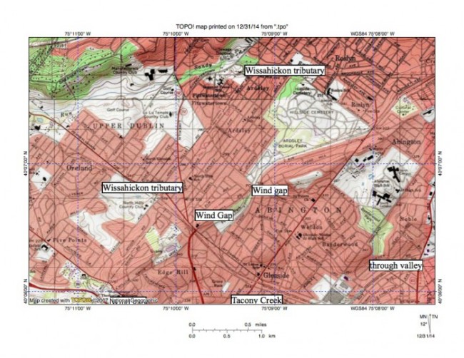 Figure 13: Sandy Run-Tacony Creek drainage divide. Camp Hill is the ridge in the map northwest corner and Sandy Run flows in a southwest direction just south of Camp Hill. Edge Hill is a ridge extending in a northeast direction from the the map south edge (near southwest corner) and is notched by marked wind gaps. East oriented Tacony Creek headwaters are south of the Edge Hill ridge and meet a southwest oriented through valley (linked to a northeast oriented Pennypack Creek tributary) at approximately the location of the large industrial plant near the map south edge. Where the east oriented Tacony Creek valley joins the southwest oriented through valley Tacony Creek turns to flow in a south direction to reach the Delaware River. The Edge Hill ridge was formed as southwest oriented flow eroded less resistant bedrock both to the northwest and the southeast. Wind gaps mark locations of flow channels that crossed the emerging ridge. Headward erosion of the south oriented Tacony Creek valley captured southwest oriented flow that had been moving to the actively eroding Wissahickon Creek valley (although that flow had been moving at elevation equivalent to the Edge Hill ridge crest elevation today).